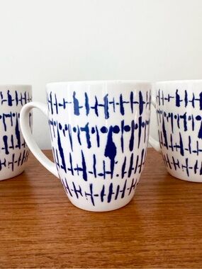 NEW SET OF FOUR white mugs with blue ikat pattern